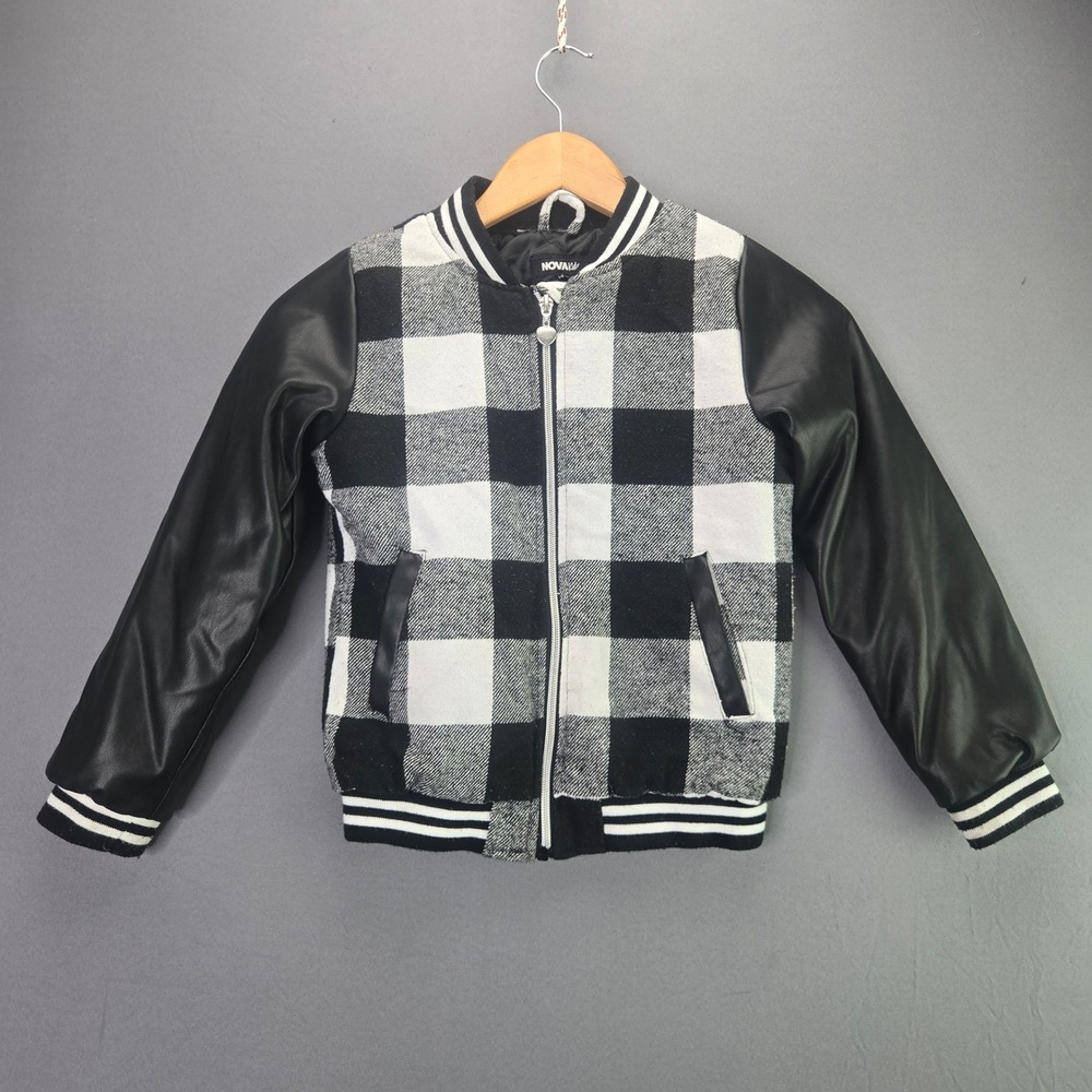 Fashion Nova Kids Varsity Jacket Plaid Faux Leather Size 7/8 Black White Bomber